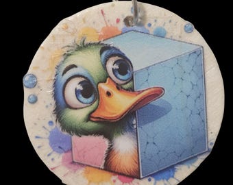 Handmade Duck Wood Keychain: Double Sided Round Wooden Keychain