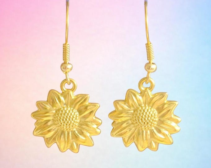 Gold Sunflower Dangle Earrings | Boho Floral Jewelry Designs by Sher®