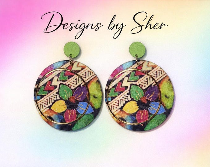 Boho Floral Statement Earrings | Handcrafted Wood Studs |Colorful Dangle Jewelry by Designs by Sher