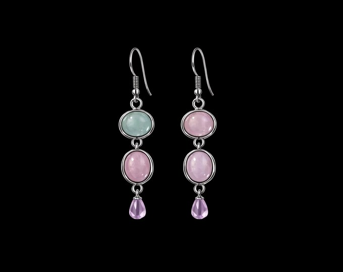 Moonstone Earrings | Handmade White Gold Dangle Earrings | Aquamarine, Rose Cabachon