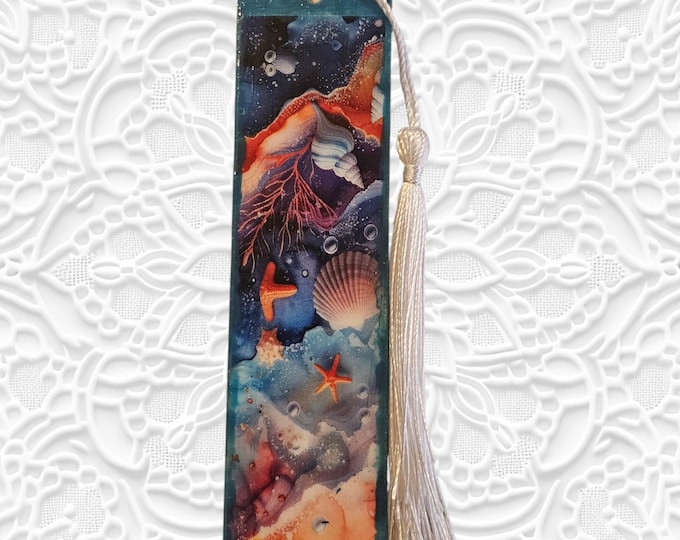 Handmade Ocean Wood Bookmark: Wooden Page Marker with Tassel, Sea Seashells, Seashore, Shoreline
