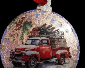 Handmade Christmas Ornament: Classic Red Pickup Truck and Christmas Wreath