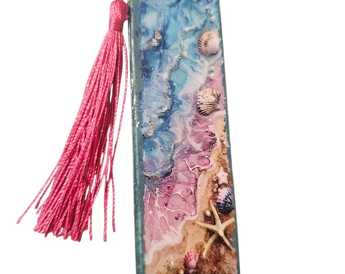 Handmade Ocean Wood Bookmark: Wooden Page Marker with Tassel, Sea, Seashells, Seashore, Shoreline