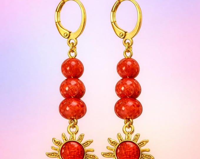 Orange Carnelian Flower Earrings | Gold Sunfower Dangles | Designs by Sher®