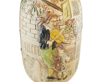 Embosa Ware Cyples Old Pottery Vase Japan Violinist Steet Scenes Chalkware Vase @Everything Vintage FREE SHIPPING