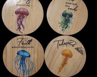 Jellyfish Wood Coasters: Handmade Round Wooden Coasters