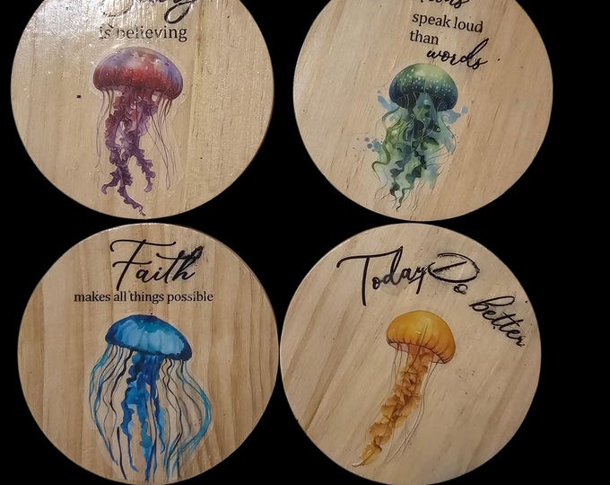 Handmade Jellyfish Wood Coasters: One-Of-A-Kind Round Wooden Coasters