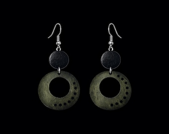 Handmade Black & Green Wooden Circle Earrings – Boho Minimalist Wood Dangles
