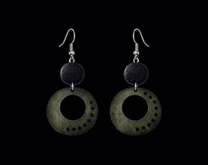 Handmade Black & Green Wooden Circle Earrings – Boho Minimalist Wood Dangles