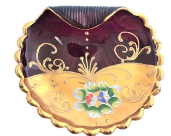 Bohemian Ruby Glass Dish Gold With Enamel Flowers Upswept Handle Wave Nut Dish Pin Dish Italy @Everything Vintage FREE SHIPPING