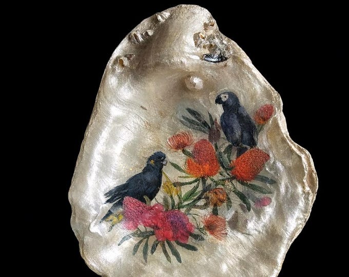 Hand-Painted Oyster Shell Art | African Grey Parrots, Wildflowers, Coastal Decor