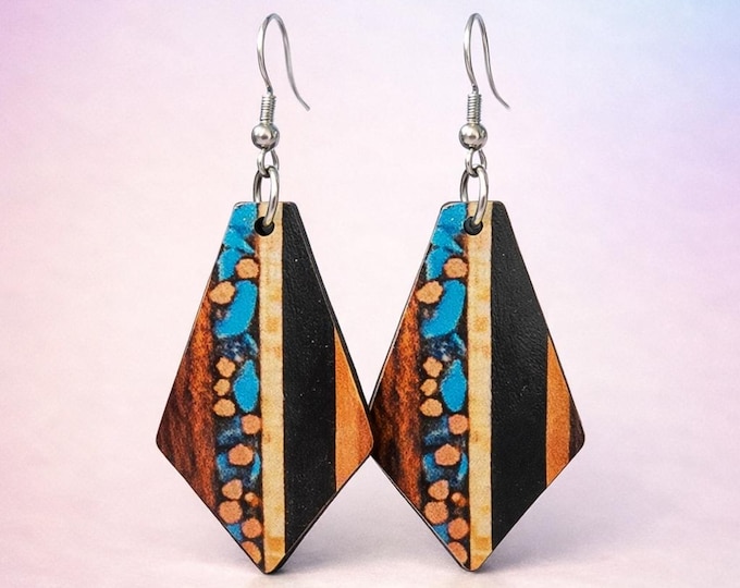 Geometric Turquoise & Wood Dangle Earrings | Handmade Reclaimed Wood | Boho Statement Jewelry
