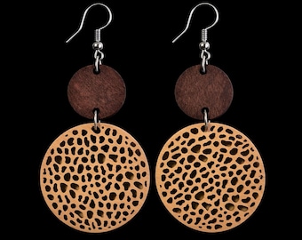 Handmade Coral-Cut Wooden Earrings – Boho Double Disc Dangle Jewelry