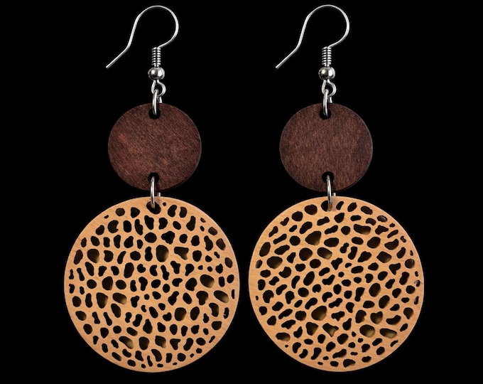 Handmade Coral-Cut Wooden Earrings – Boho Double Disc Dangle Jewelry