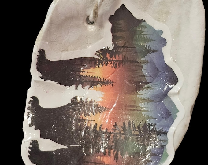 Handmade Shell Bear Car Charm: One-Of-A-Kind Rear View Mirror Car Hanging, Forest Mountain Scene