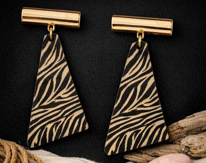 Zebra Gold and Black Boho Dangle Earrings With Gold Bar Studs | Handmade Tribal Jewelry
