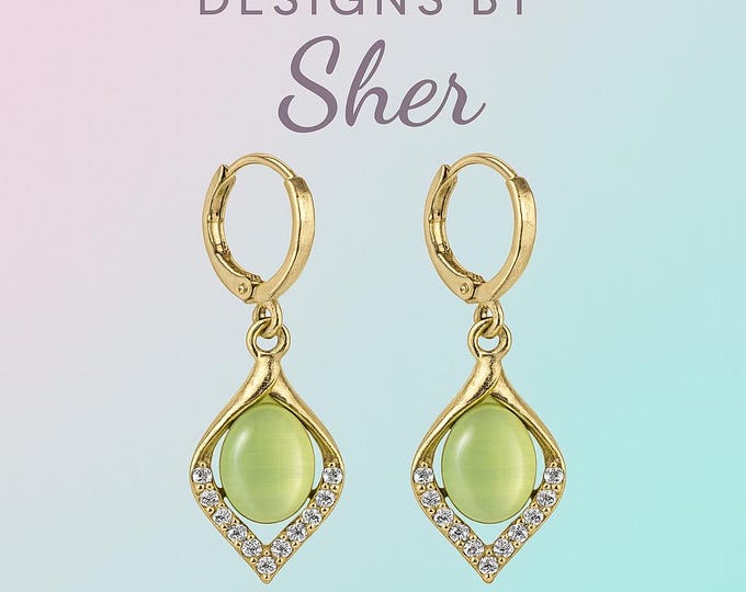 18 Kt Gold Teardrop Earrings, Green Tigers Eye Gemstone, Crystal Arc Dangles