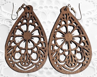 Flower Wood Earrings: Cutout Wooden Dangle Earrings