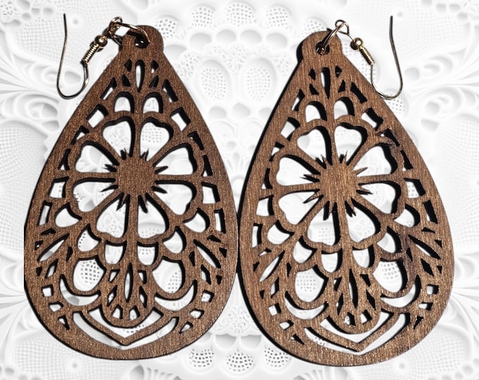 Handmade Teardrop Wood Dangle Earrings:  Laced Wooden Drop Earrings