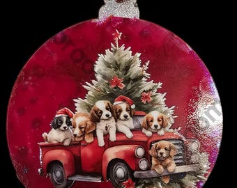 Handmade Christmas Ornament: Christmas Puppies in Classic Pickup