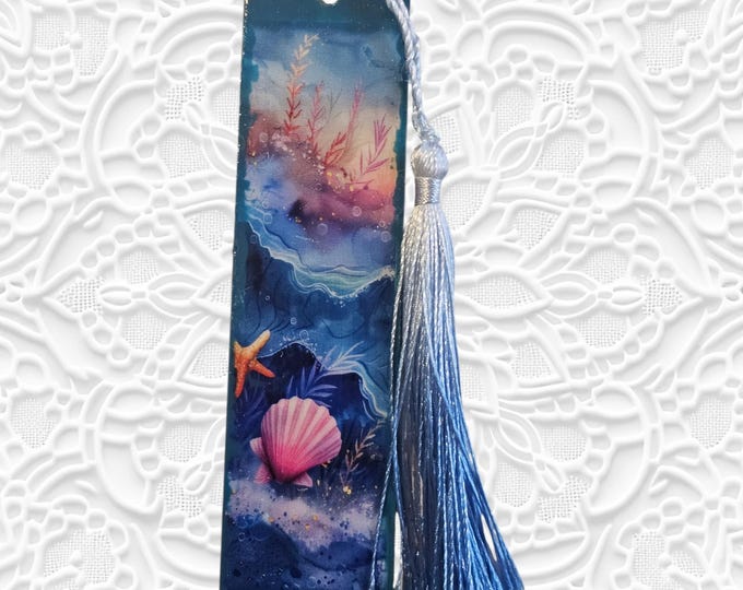 Handmade Ocean Wood Bookmark: Wooden Page Marker with Tassels, Seashells, Seashore, Sea