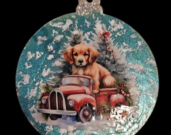 Handmade Christmas Ornament: Classic Red Truck Pointsetta