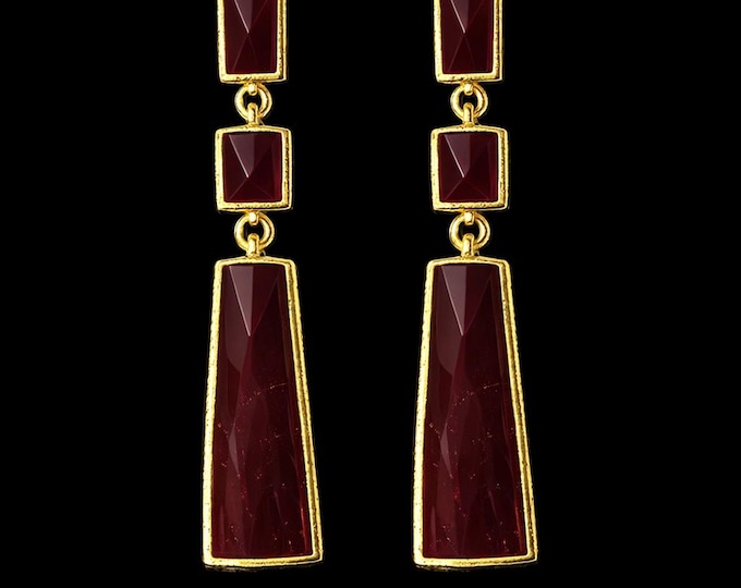 Burgundy Red Drop Earrings – Handmade Gold Framed Statement Jewelry by Designs by Sher