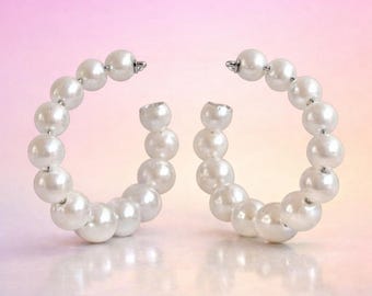 Pearl Hoops | White Pearl Huggie Earrings | Faux Pearl Studs | Wedding Jewelry