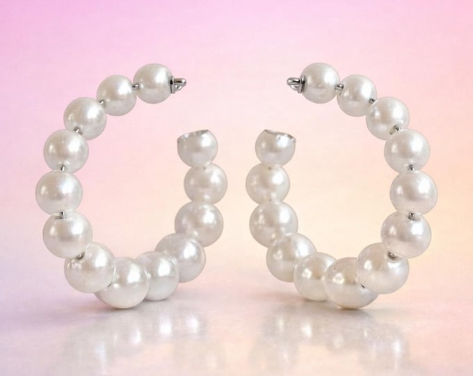 Pearl Hoops | White Pearl Huggie Earrings | Faux Pearl Studs | Wedding Jewelry