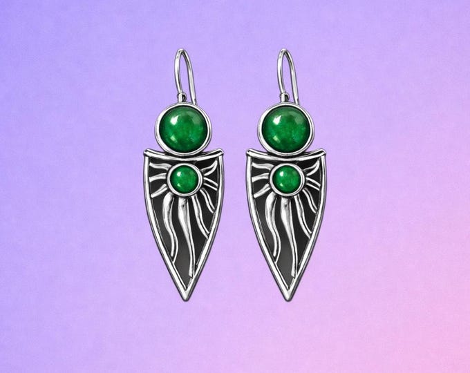 Green Gemstone Silver Shield Dangle  Earrings | Handmade Celtic Jewelry