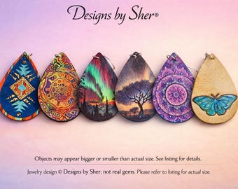 Boho Leather Teardrop Earrings • Mandala, Aurora, Tribal & Butterfly Designs • Lightweight Dangle Earrings • Choose Your Pair