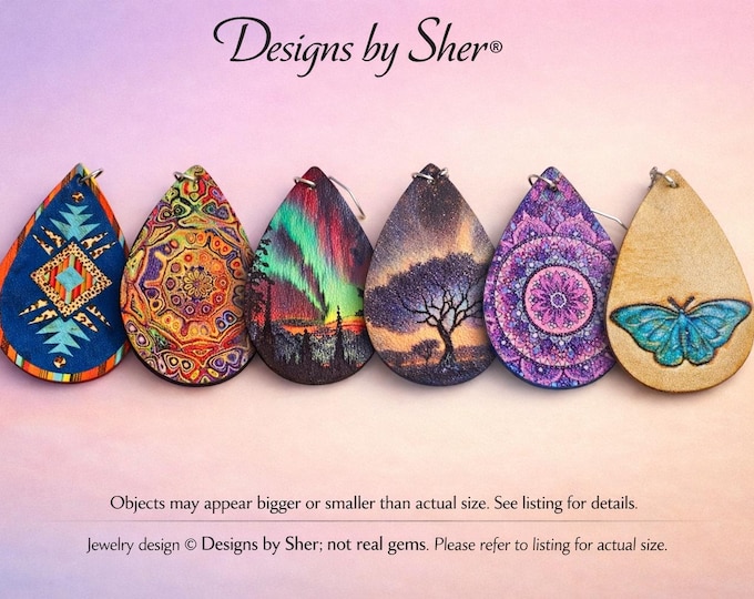 Boho Leather Teardrop Earrings • Mandala, Aurora, Tribal & Butterfly Designs • Lightweight Dangle Earrings • Choose Your Pair