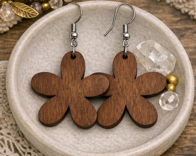 Rustic Flower Wood Earrings – Handcrafted Boho Dangle Jewelry