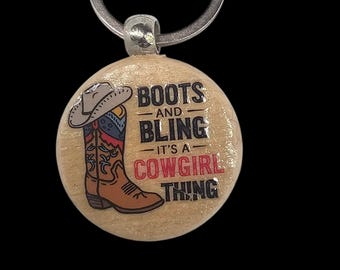 Cowgirl Boots and Bling Key Ring | Round Wood Keychain | Wooden Keyring Designs by Sher
