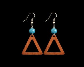 Boho Wood Triangle & Turquoise Earrings – Handmade Wooden Dangle Jewelry