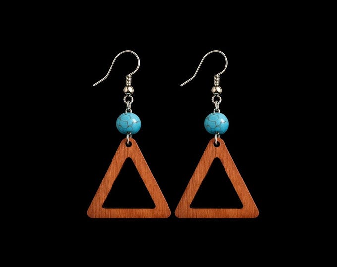 Boho Wood Triangle & Turquoise Earrings – Handmade Wooden Dangle Jewelry