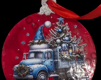 Handmade Christmas Ornament: Blue Classic Truck & Snowman