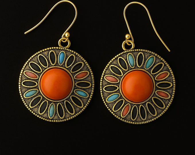 Handmade Brass Boho Dangle Earrings: Orange Cabachon