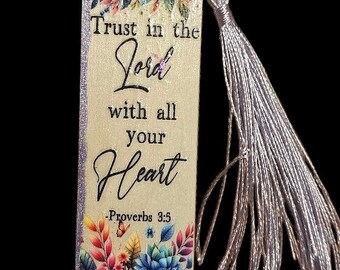 Christian Wood Bookmark Proverbs 3:5, Handmade Wooden Bookmark with Tassle Psalm 46 10
