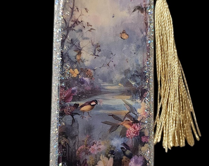 Handmade Mystical Bookmark: One-Of-A-Kind Acrylic Page Marker  with Tassel, Magic Wonderland, Birds, Butterflies, Moon