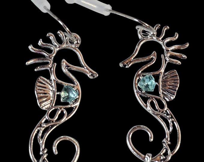 Handmade Seahorse Dangle Earrings: Blue Stone