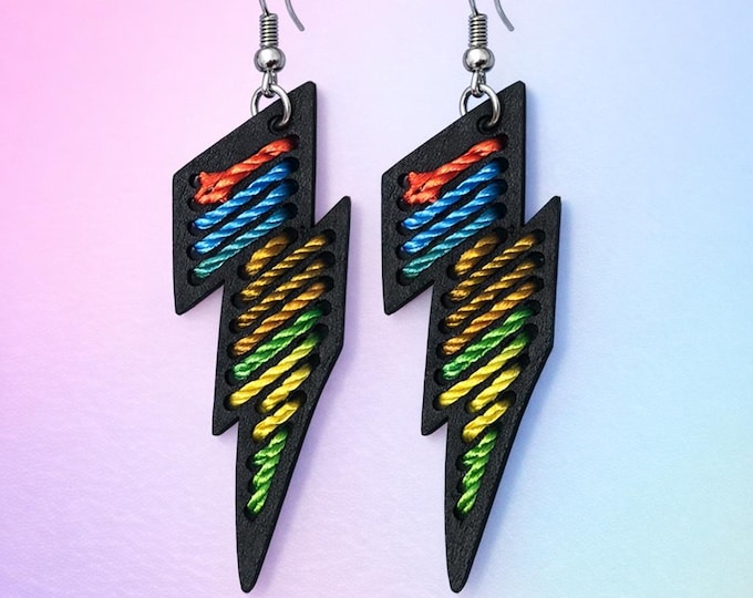 Thread Lightning Bolt Earrings | Handmade Black Statement Jewelry | Rainbow Threads