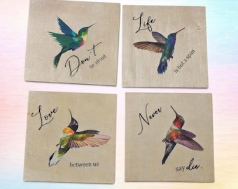 Inspirational Hummingbird Wooden Coasters, Set of 4 Handmade Bird Wood Coasters, Mother's Day Gift