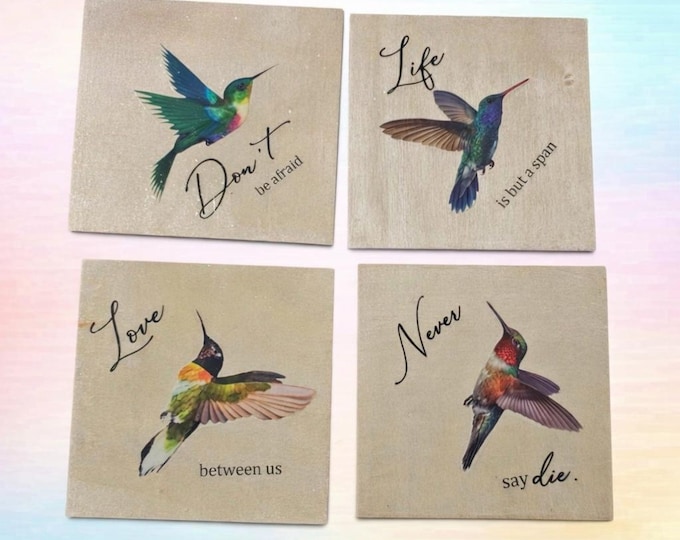 Inspirational Hummingbird Wooden Coasters, Set of 4 Handmade Bird Wood Coasters, Mother's Day Gift