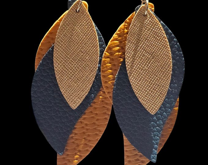 Handmade Layered Leather Dangle Earrings: Boho Textured Three Tier Earrings, Copper Navy Natural Brown