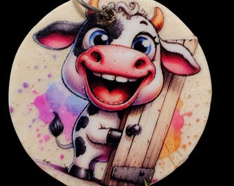 Handmade Cow Wood Keychain:  Double Sided Round Wooden Keychain Farm