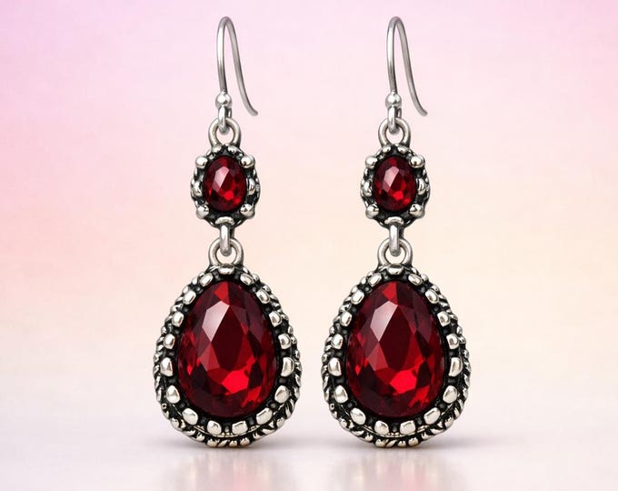 Radiant Red Gemstone Drop Earrings – Vintage Silver Setting