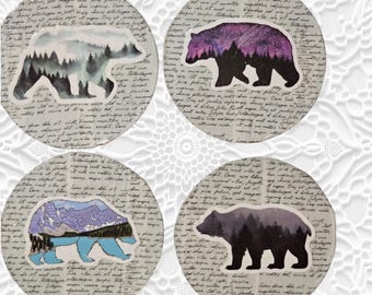 Handmade Bear Wood Coasters: 4 One-Of-A-Kind Bear Decoupage Wooden Coasters