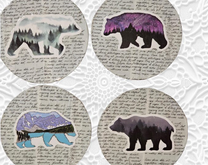 Handmade Bear Wood Coasters: 4 One-Of-A-Kind Bear Decoupage Wooden Coasters