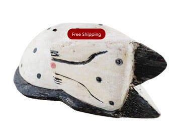 Antique White Black Dots Wood Cat @Everything Vintage FREE SHIPPING